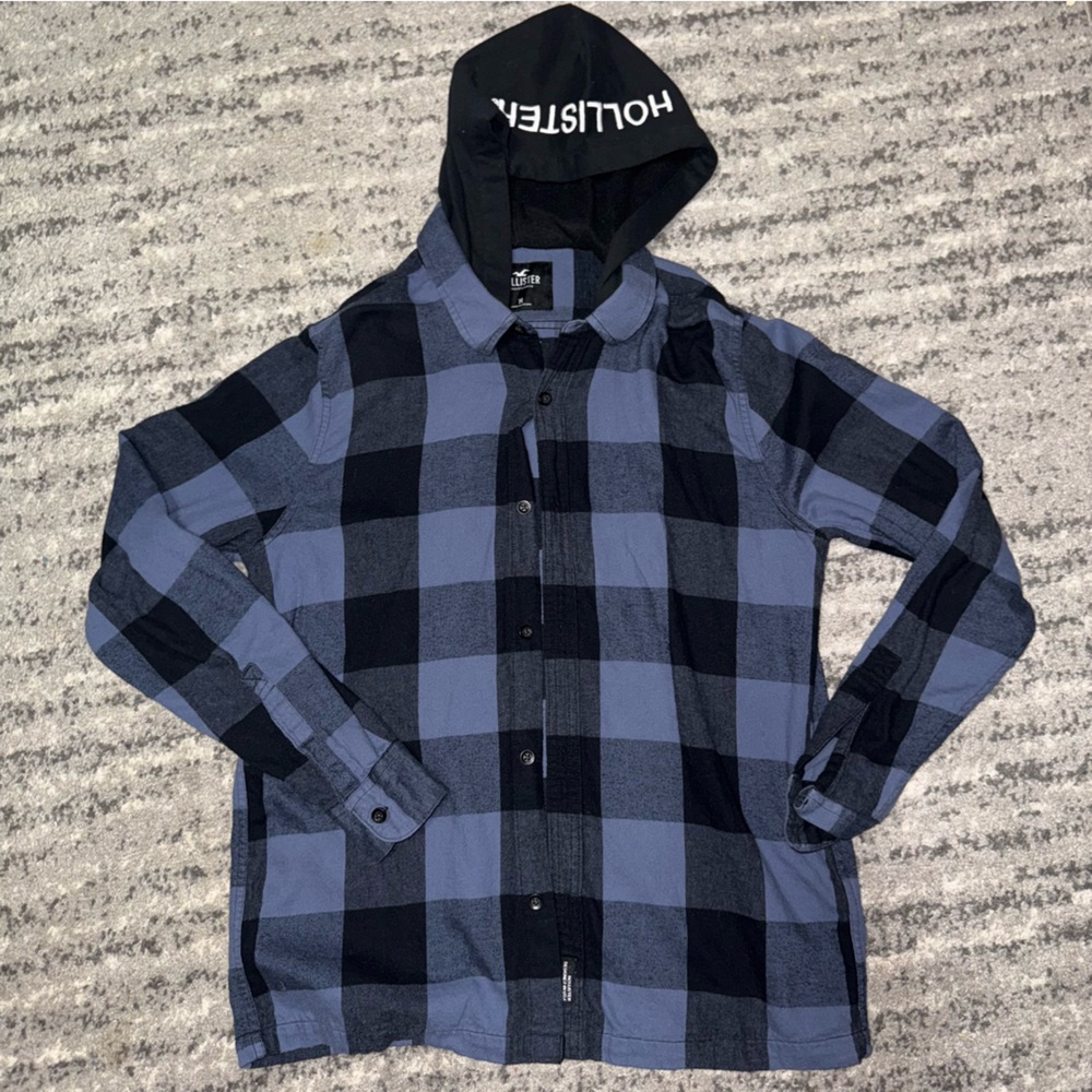 Hollister Blue and Black Plaid Flannel with Hood
